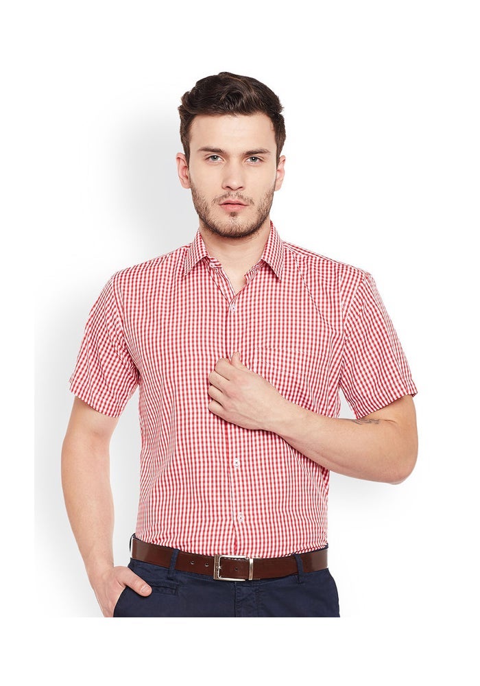 Red Checkered Slim Fit Formal Shirt for Men